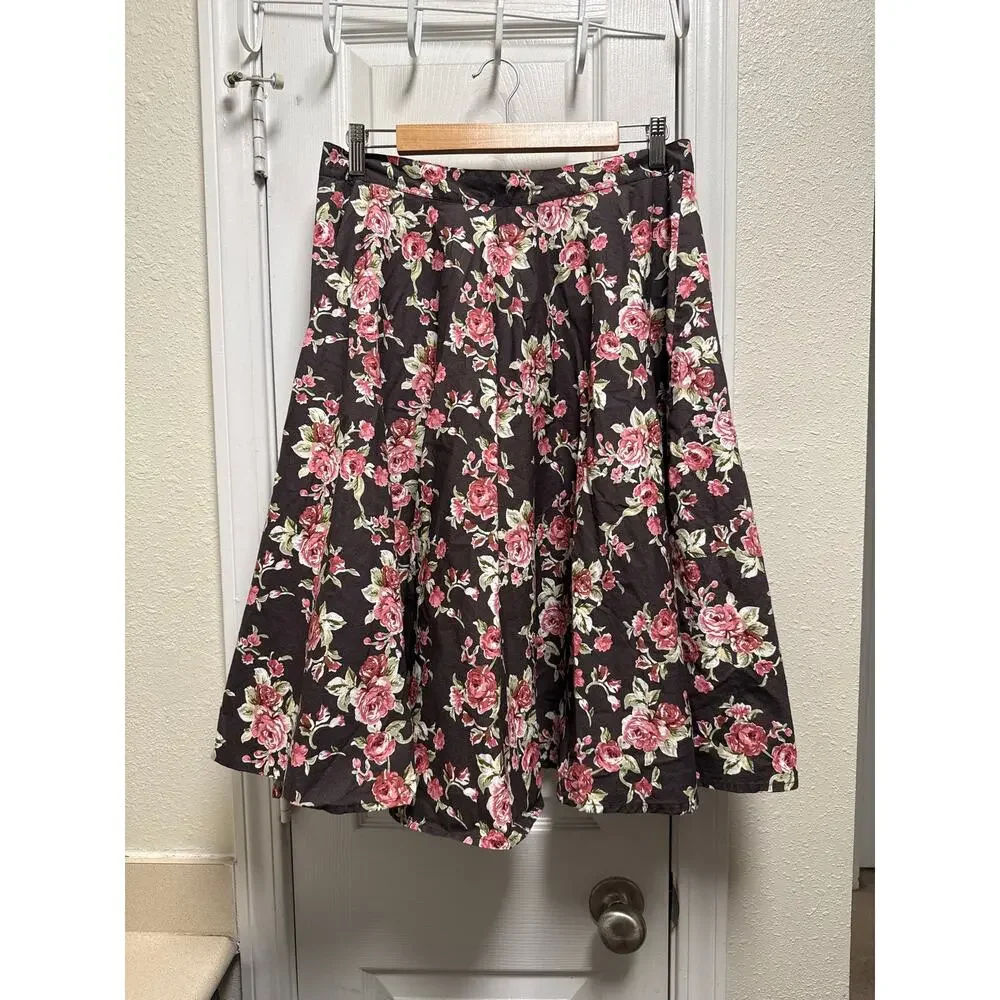 Hell Bunny Vixen Brown Rose Print A Line Swing Midi Rosie Skirt Size Large